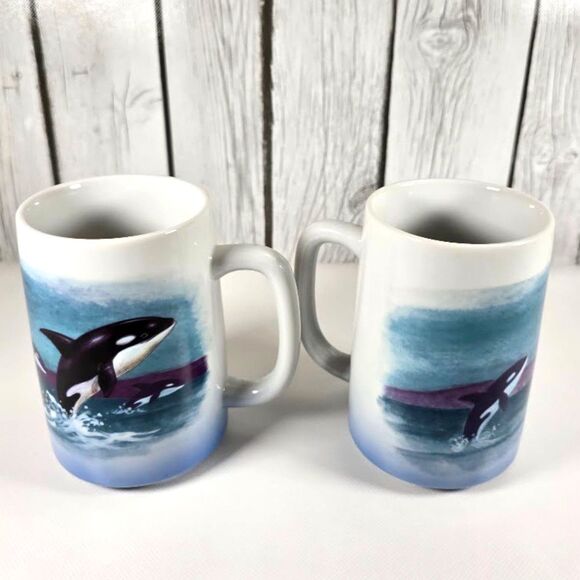 Vintage Otagiri Japan Killer Whale Hand Painted Ceramic Coffee Mug Set of 2 - Picture 5 of 9